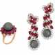 Harry Winston. COLOURED CULTURED PEARL, RUBY AND DIAMOND EARRING AND RING S... - photo 1