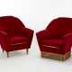 Two upholstered armchairs covered in plum-colored velvet, truncated cone feet in wood - фото 1