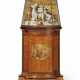 A GEORGE III ORMOLU-MOUNTED, WHITE MARBLE AND DERBY BISCUIT PORCELAIN CLOCK ON A GEORGE III PAINTED SATINWOOD AND MAHOGANY PEDESTAL - фото 1