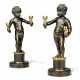 A PAIR OF REGENCY GILT-LACQUERED AND PATINATED-BRONZE TWIN-LIGHT FIGURAL CANDELABRA - фото 1