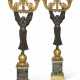 A PAIR OF EMPIRE ORMOLU AND PATINATED BRONZE SIX-BRANCH CANDELABRA - фото 1