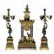 A FRENCH PATINATED, GILT, AND COLD-PAINTED BRONZE THREE-PIECE CLOCK GARNITURE - фото 1