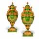 A PAIR OF ORMOLU-MOUNTED SEVRES STYLE GREEN-GROUND 'NAPOLEONIC' PORCELAIN VASES AND COVERS - фото 1