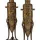 Barbedienne Foundry. A PAIR OF FRENCH NEO-GREC PARCEL-GILT, PATINATED BRONZE AND ROUGE GRIOTTE VASES - photo 1