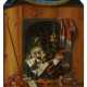 Franciscus Gijsbrechts. Trompe-l'oeil of a Vanitas Still Life with Clock and Skull on a Shelf on a Wall, Next to it Painting Utensils - Foto 1