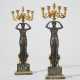 A PAIR OF EMPIRE ORMOLU, PATINATED BRONZE AND VERT DE MER MARBLE FOUR-BRANCH CANDELABRA - фото 1