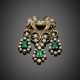 Old mine diamond and emerald bi-coloured gold volute brooch with three pendants - photo 1