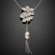 Four strand white gold chain necklace with a diamond pavé flower central holding a chain tassel with diamond leaves - фото 1