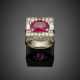 Oval ct. 7.35 circa ruby with diamond pavé and baguette platinum ring - фото 1
