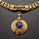 Yellow gold chain necklace with detachable oval ct. 11 circa sapphire pendant accented with two cabochon rubies - Foto 1