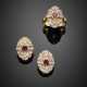 Diamond and ruby bi-coloured gold jewellery set comprising earrings and ring - Foto 1