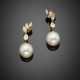 Marquise and pear diamond yellow gold pendant earrings holding two mm 11.85 circa South Sea pearl - photo 1