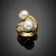 Round and baguette diamond South sea pearl yellow gold crossover ring - photo 1