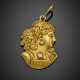 Yellow 9K gold female profile pendant accented with diamonds - фото 1