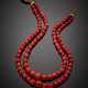 Two strand red/orange barrel shape coral graduated necklace with yellow gold clasp - photo 1