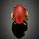Red orange mm 23.60 x 13.80 x 6.50 circa cabochon coral yellow gold wire ring accented with small diamonds - фото 1
