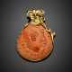 Orange variegated carved coral diamond accented yellow gold pendant - фото 1