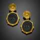 Yellow textured gold black carved paste pendant earrings - photo 1