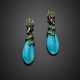 Turquoise drop and green gem black rhodium plated pendant earclips - Foto 1