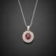 White gold fine chain with diamond pendant centering an oval red corundum - фото 1