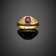 Oval cabochon ruby and triangular diamond shoulder yellow gold ring - photo 1