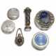 A GROUP OF FOUR SILVER SILVER PILL-BOXES, A SILVER-GILT SCENT BOTTLE PENDANT AND A SILVER-GILT AND LAPIS-LAZULI TABLE SEAL - фото 1