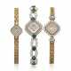 TWO DIAMOND WRISTWATCHES; TOGETHER WITH A CULTURED PEARL, MOTHER-OF-PEARL, DIAMOND AND EMERALD WRISTWATCH - фото 1