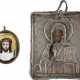 A MINIATURE ICON OF ST. PETER, METROPOLITAN OF MOSCOW WITH A SILVER OKLAD AND A FINIFT SHOWING THE MANDLYION - photo 1
