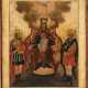 AN ICON SHOWING THE ENTHRONED MOTHER OF GOD FLANKED BY TWO WARRIOR SAINTS (ST. THEODORE STRATILATES AND THEODORE TYRON?) - Foto 1