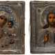 A PAIR OF WEDDINGS ICONS SHOWING CHRIST PANTOKRATOR AND THE IVERSKAYA MOTHER OF GOD WITH SILVER AND ENAMEL OKLAD - фото 1