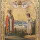 A LARGE ICON SHOWING ST. NICHOLAS OF MYRA AND ST. ARTEMIUS OF VERKOLA AND THE KAZANSKAYA MOTHER OF GOD - Foto 1