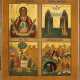 A LARGE QUADRI-PARTITE ICON SHOWING THE MOTHER OF GOD OF THE SIGN, STS. ZOSIMA AND SAVATIY, THE OLD TESTAMENT TRINITY AND THE NATIVITY OF CHRIST - фото 1