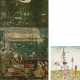 Zwei Malereien, eine Miniatur mit der Darstellung von Akrobaten/Jongleuren und eine Malerei einer höfischen Szene auf Holz mit Spiegeleinfassung. - Foto 1