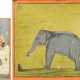 Zwei Miniaturmalereien, Portrait eines angeketteten Elefanten und Jagdszene mit einem erlegen Elefanten. - Foto 1