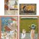 Vier Miniaturmalereien, u.a. die Darstellung von Matsya, dem Fisch-Avatar des Gottes Vishnu, Lakshmi und Vishnu, Krishna umringt von Personen und eine höfische Palastszene im Moghul-Stil. - фото 1