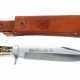 Puma Bowie-Messer 6376 Solingen, 1970er-90er Jahre, Bowie-Messer, unterer Klingenabschnitt fein gezahnt, Griffschalen aus Hirschhorn, Lederholster mit geprägtem Puma-Kopf und -Schriftzug, L: 20/32,5 cm - Foto 1