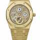 AUDEMARS PIGUET. A VERY RARE AND ATTRACTIVE 18K GOLD SKELETONIZED PERPETUAL CALENDAR AUTOMATIC WRISTWATCH WITH MOON PHASES, BRACELET AND GUARANTEE - фото 1
