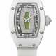 RICHARD MILLE. A LADY`S RARE AND ATTRACTIVE CERAMIC, 18K WHITE GOLD AND DIAMOND-SET TONNEAU-SHAPED LIMITED EDITION AUTOMATIC SEMI-SKELETONIZED WRITHWATCH WITH NEPHRITE DIAL - фото 1