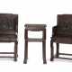 A SET OF FOUR CARVED HARDWOOD ARMCHAIRS AND TWO SQUARE SIDE TABLES - photo 1