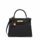 A SHINY BLACK POROSUS CROCODILE & TOGO LEATHER RETOURNÉ TOUCH KELLY 28 WITH GOLD HARDWARE - фото 1