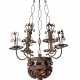 Six-light cesendello chandelier in wrought iron and embossed iron sheet, including a transparent blown glass boiler vase with green, red and amethyst filaments on a colorless background - фото 1
