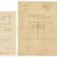 Squared sheet with Carlo Scarpa's study on the recto and indications for the treatment of the Istrian stone slabs of the external cladding and on the reverse side of the marble cutter; combined with a second sheet with a study for the lateral support - photo 1