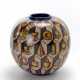 Globular vase in matt glazed ceramic with white and blue geometric decorations and naturalistic subjects and tools in shades of brown and yellow - photo 1