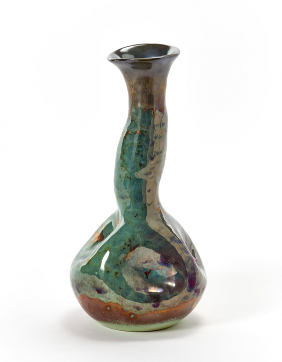 Vase with narrow neck in glazed ceramic in polychrome with metallic