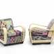 Pair of armchairs with wooden base, structure upholstery in parchment and cushions in geometric design fabric - фото 1