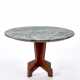 Solid wood table with central leg and four feet, circular top with gray veined marble top - photo 1