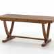 Solid oak wood table, edged and veneered with smooth ashlar side parts and crossed curved legs - фото 1