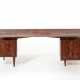 Desk in veneered and edged solid wood with six side drawers with tapered legs structure with undertop cross-piece handles in carved wood with an organic profile, brass tips - photo 1