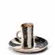 Cup and saucer in hand-molded ceramic and glazed in gray, matt white, black, ocher and light blue - фото 1