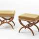 Pair of stools with solid wood structure, sand-colored fabric upholstery - фото 1